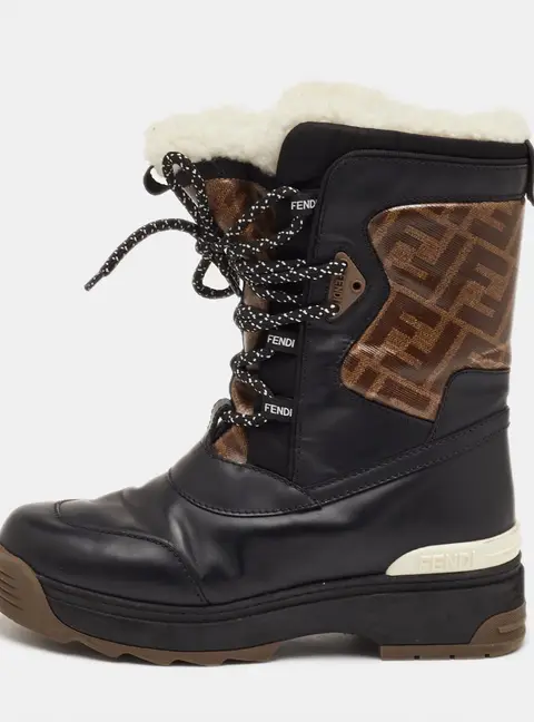 Fendi T-Rex Size 38 Black/Brown Zucca Coated Fabric and Leather Shearling Boots