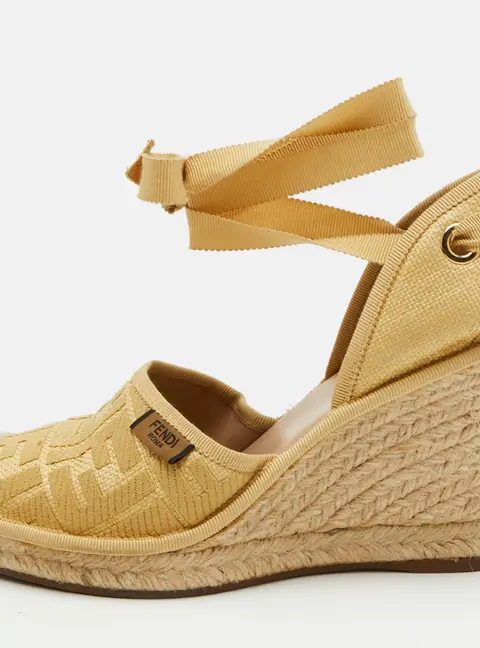 Fendi Size 36.5 Yellow Zucca Raffia Espadrille Ankle Wrap Platform Wedge Sandals