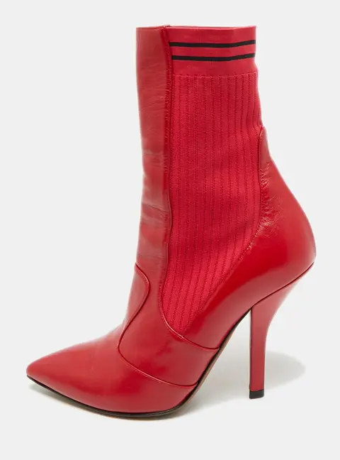 Fendi Rockoko Size 37.5 Red Leather and Stretch Knit Ankle Length Boots