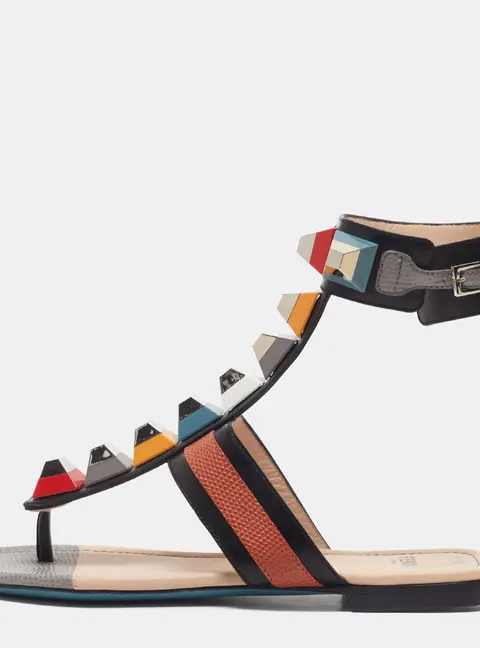 Fendi Size 35 Multicolor Leather and Lizard Embossed Leather Ankle Strap Sandals