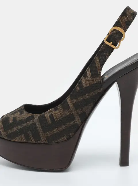 Fendi Fendista Size 36.5 Tobacco Zucca Canvas Platform Slingback Sandals
