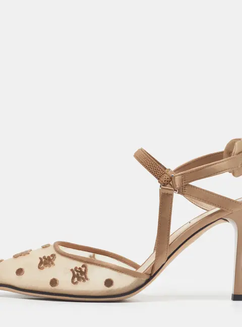 Fendi Colibri Size 41 Beige/Brown Net and Velvet Block Heel Slingback Pumps