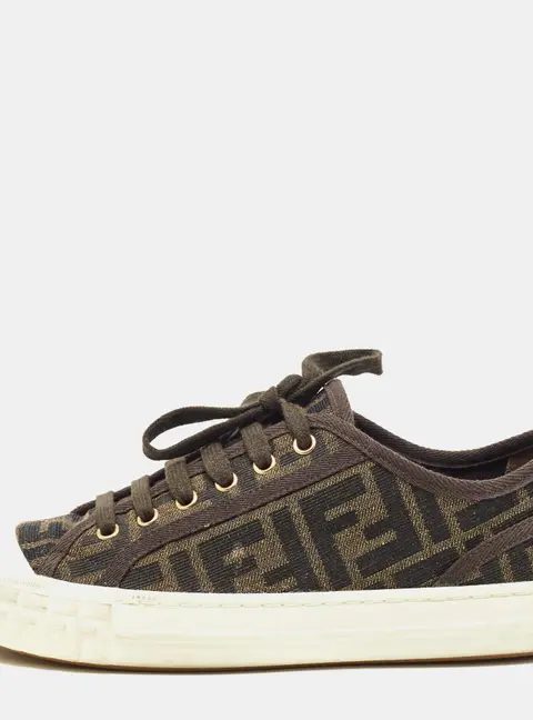 Fendi FF Motif Domino Size 37 Brown Canvas Lace Up Sneakers