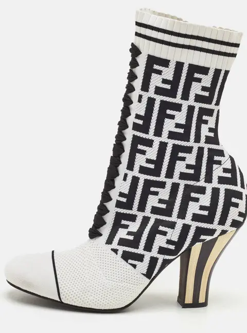 Fendi Rockoko Size 38 White/Black Knit Fabric Ankle Boots