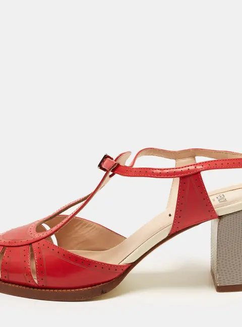 Fendi Chameleon Size 37 Red/Grey Leather and Lizard Embossed Leather Block Heel Sandals