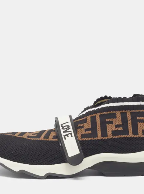Fendi Rockoko Size 38 Black/Brown FF Knit Fabric Low Top Sneakers