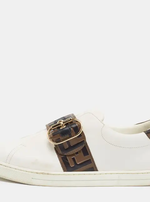 Fendi FF Size 39 White/Brown Leather FF Logo Low Top Sneakers