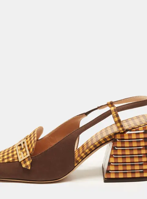 Fendi Promenade Size 40 Brown/Yellow Gingham Fabric Slingback Pumps
