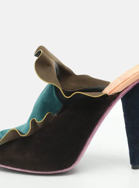 Fendi Size 39 Multicolor Leather and Velvet Ruffled Platform Mules