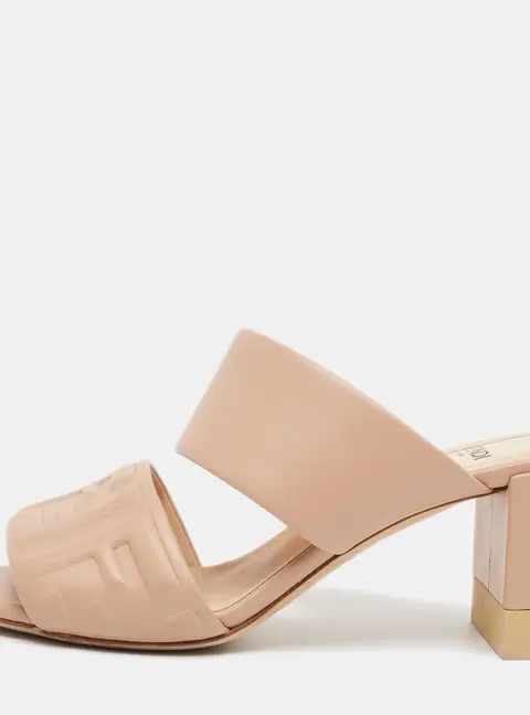Fendi FF Size 36 Beige Leather  FF Block  Slide Sandals