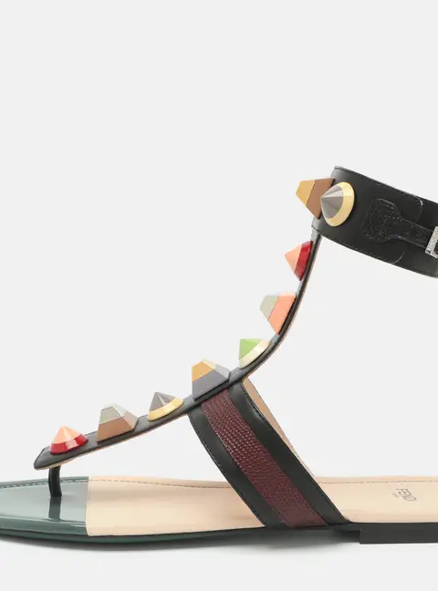 Fendi Size 41 Multicolor Leather Studded Ankle Cuff  Flat Sandals