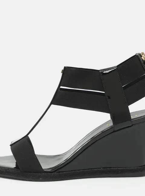 Fendi Size 41 Black Patent Leather and Stretch Fabric Strappy Wedge Sandals