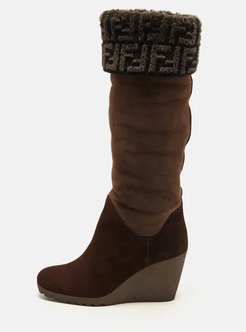Fendi Size 40 Brown Fur and Suede Wedge Knee Length Boots