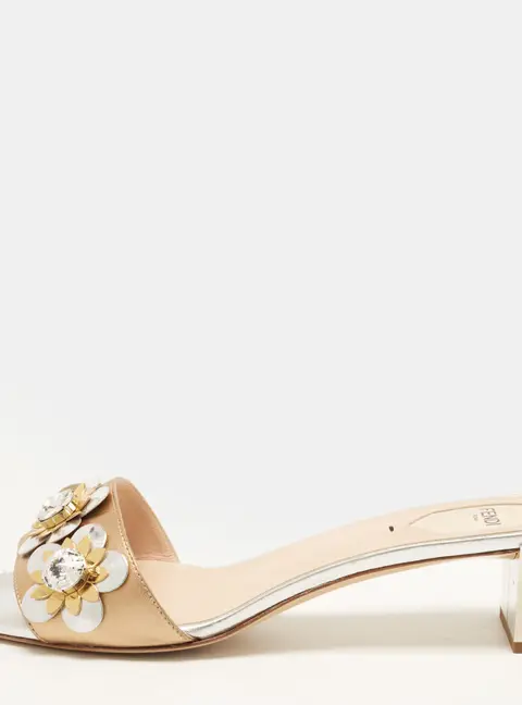 Fendi Flowerland Size 41 Metallic Leather Slide Sandals