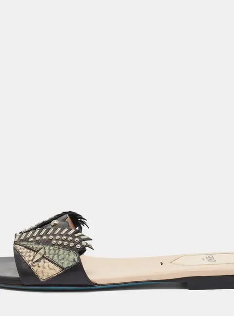 Fendi Bug Monster Size 37 Multicolor Leather and Python Embossed Leather Flat Sandals