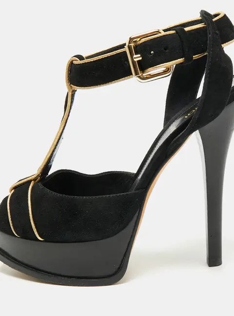 Fendi Spuntata Size 38 Black/Gold Suede T-Strap Platform Sandals