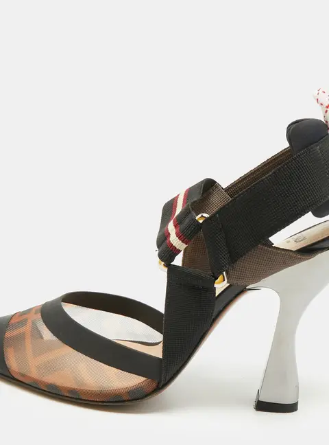 Fendi Colibri Size 37 Multicolor Canvas and Net Slingback Pumps