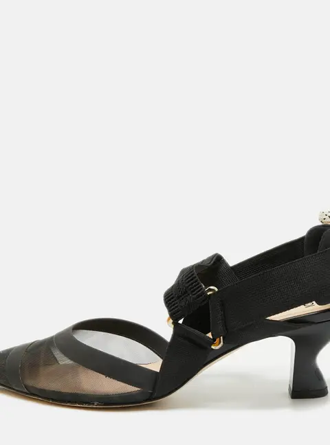 Fendi Colibri Size 39 Black Canvas and Net Slingback  Pumps