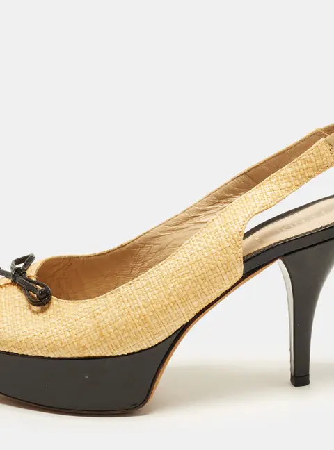 Fendi Fendista Size 39.5 Beige Raffia Peep Toe Slingback Pumps