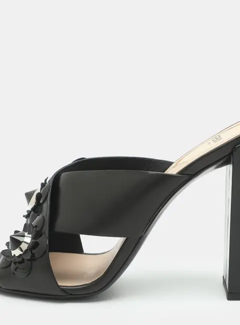 Fendi Flowerland Size 40 Black Leather CrissCross Slide Sandals