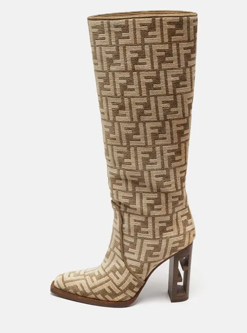 Fendi Chenille Size 37 Beige Jacquard Knee Length Boots