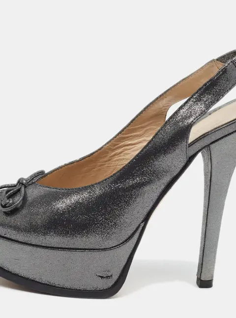 Fendi Fendista Size 38 Grey Lurex Fabric Bow Peep Toe Slingback Pumps