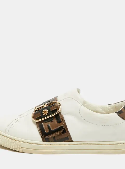 Fendi FF Size 37 White/Brown Canvas and Leather Low Top Sneakers