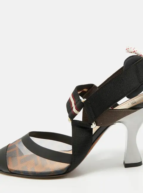 Fendi Colibri Size 38 Black/Beige Canvas and Mesh Slingback Pumps
