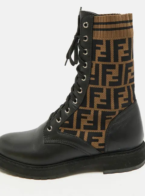 Fendi Rockoko Size 40 Black/Brown Fabric and Leather Combat Boots