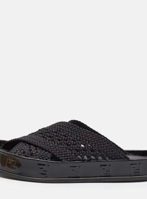 Fendi Fendigraphy Size 36 Black Woven Fabric Flat Slide Sandals