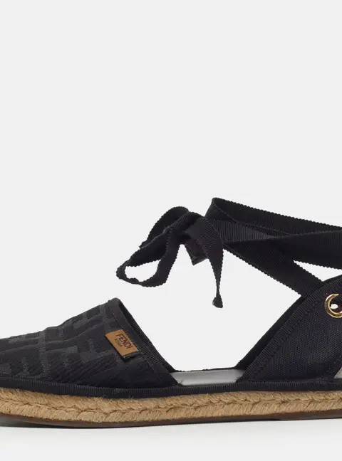 Fendi  Size 38 Black FF Logo Embroidered Fabric Ankle Wrap Espadrille Flats