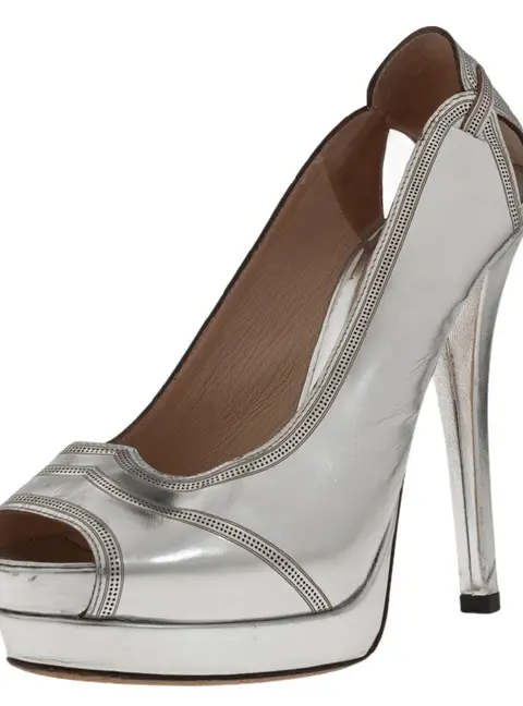Fendi Silver Patent Leather Peep Toe  Pumps Size 38.5