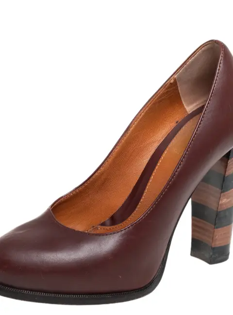 Fendi Burgundy Leather Pequin Block Heel Pumps Size 35