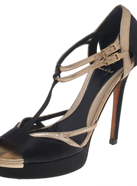 Fendi Black Satin And Leather T Strap Sandals Size 36.5