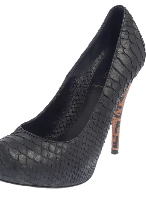 Fendi Black Python Embossed Leather Zucca Print Heel Pumps Size 37