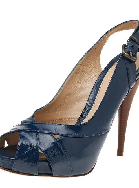 Fendi Blue Patent Leather Peep Toe Slingback Sandals Size 39.5