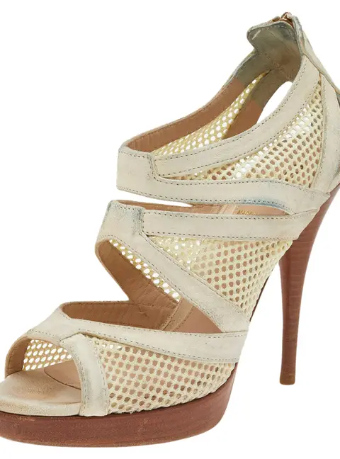 Fendi Off-White Suede And Mesh Cage Open-Toe Platform Sandals Size 38