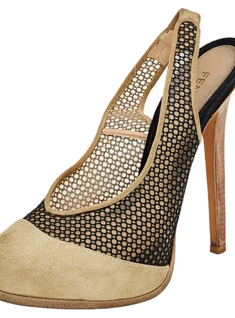 Fendi Beige/Black Suede And Mesh Platform Slingback Sandals Size 38