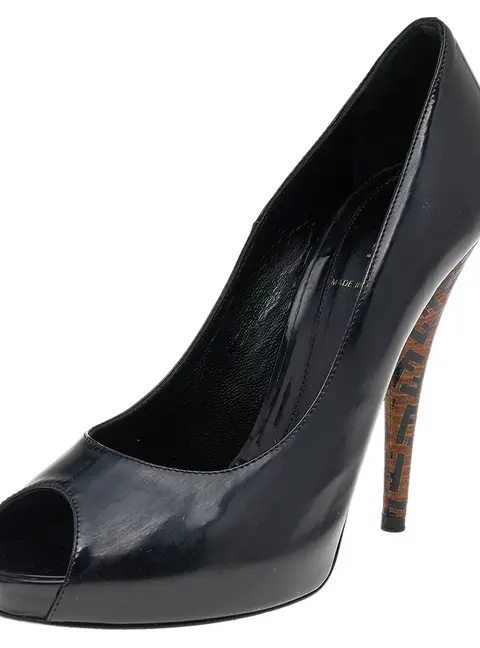 Fendi Black Patent Leather Zucchino Heel Peep Toe Platform Pumps Size 39