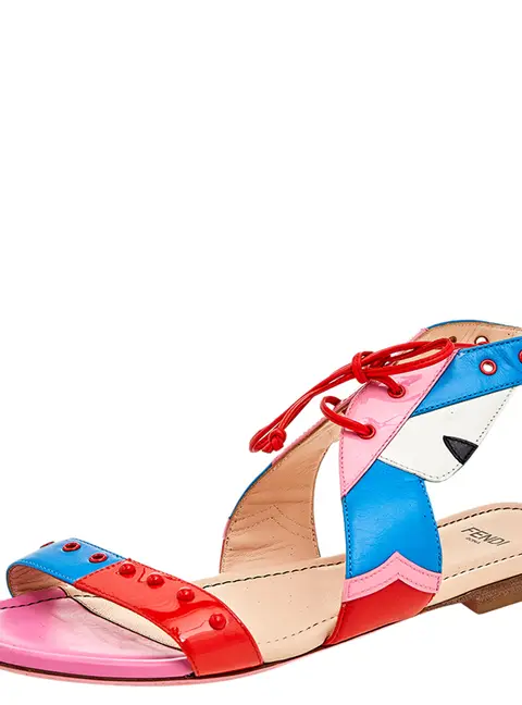 Fendi Multicolor Leather And Patent Leather Ankle Cuff Flat Sandals Size 37