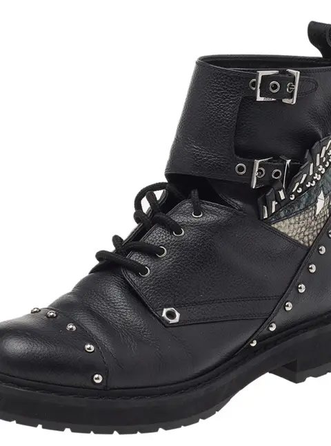 Fendi Size 37 Black Leather and Python Embossed Leather Ankle Length Boots