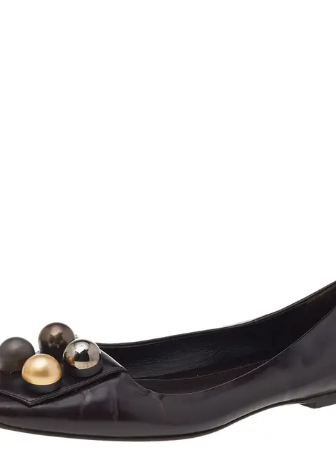 Fendi Dark Brown Leather Embellished Ballet Flats Size 39