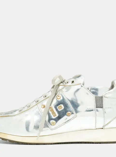 Fendi Metallic Silver Patent Leather Low Top Sneakers Size 38