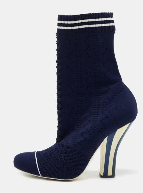 Fendi Navy Blue Knit Fabric Rockoko Mid Calf Boots Size 40
