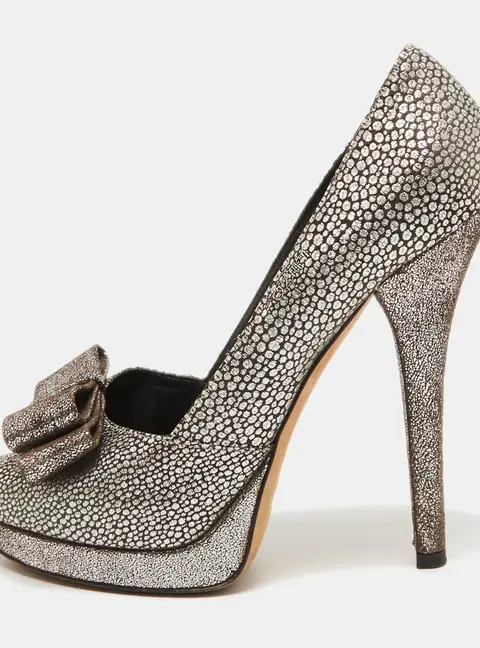 Fendi Metallic Brocade Fabric Bow Deco Peep Toe Platform Pumps Size 39