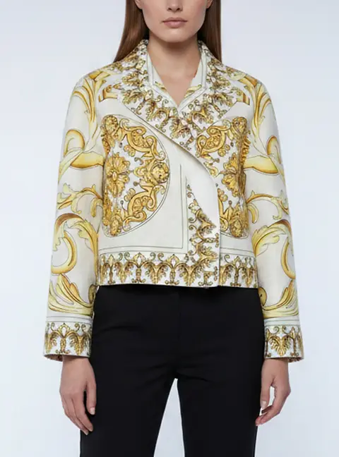 Fendace Cream Baroque Print Wool Reversible Cropped Jacket M