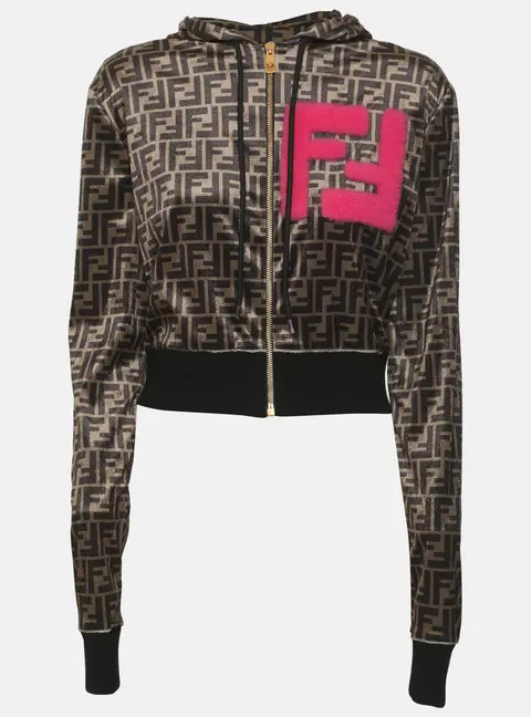 Fendi x Versace Fendace All-Over FF Monogram Velvet Cropped Zip-Up Hoodie S