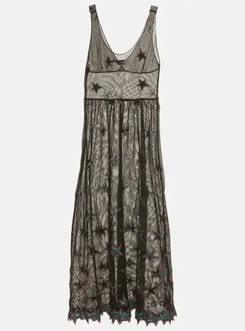 Fleur du Mal Black Star Embroidered Mesh Sheer Midi Dress M