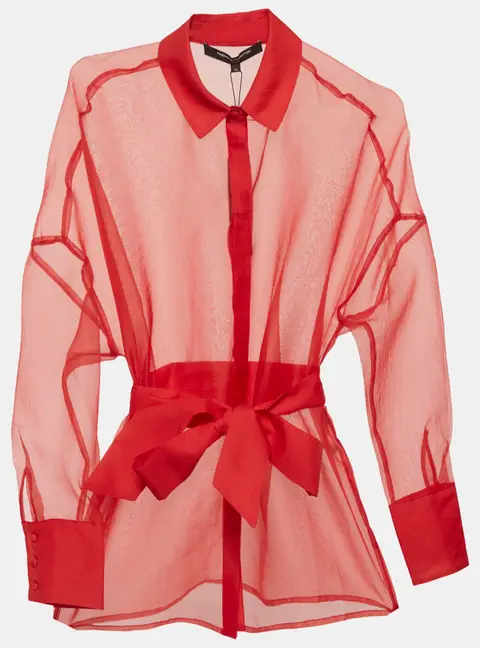 French Connection Red Organza Sheer Tie Waist Shirt XS