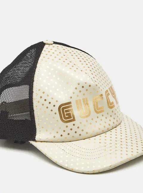 Gucci White Stars/Guccy Print Leather & Mesh Baseball Cap L